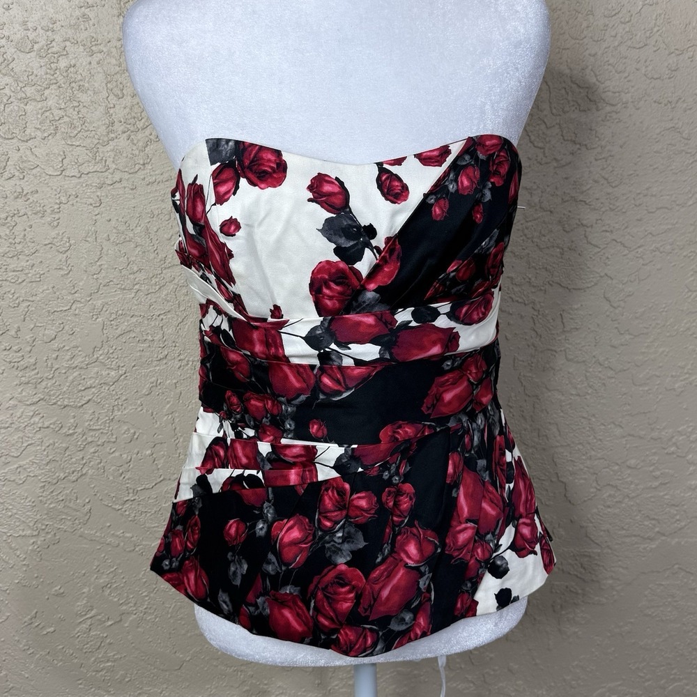 WHBM Floral Corset Top Size 4 Romantic Strapless Pleated Dark Rose Vamp Goth